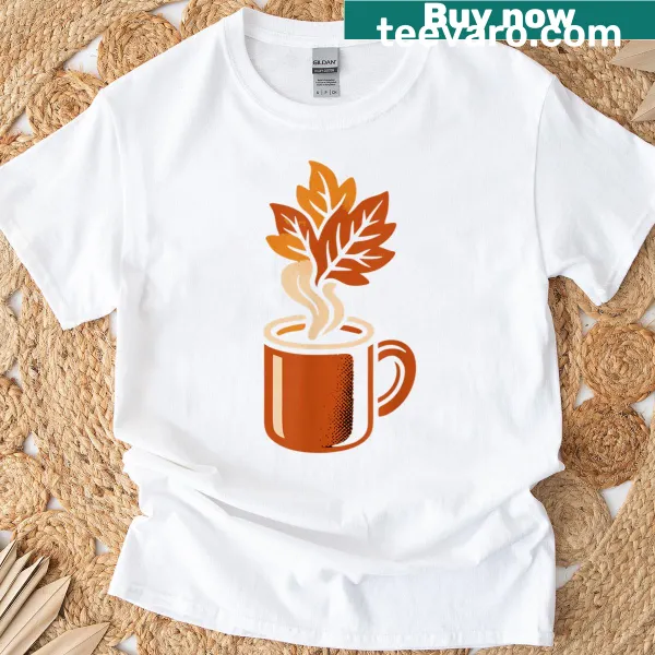 Illustration of an autumn coffee cup surrounded by leaves