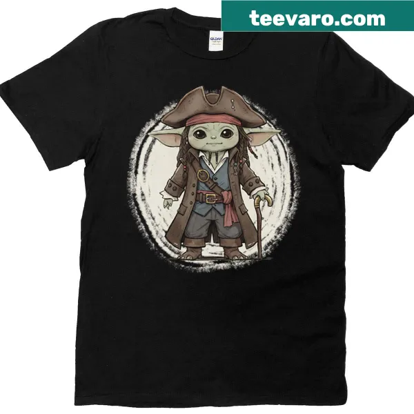 Baby Yoda dressed as Jack Sparrow on a t-shirt