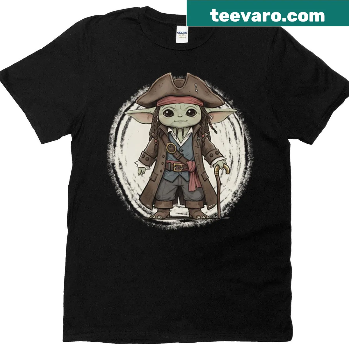 Baby Yoda dressed as Jack Sparrow on a t-shirt — on a men's t-shirt