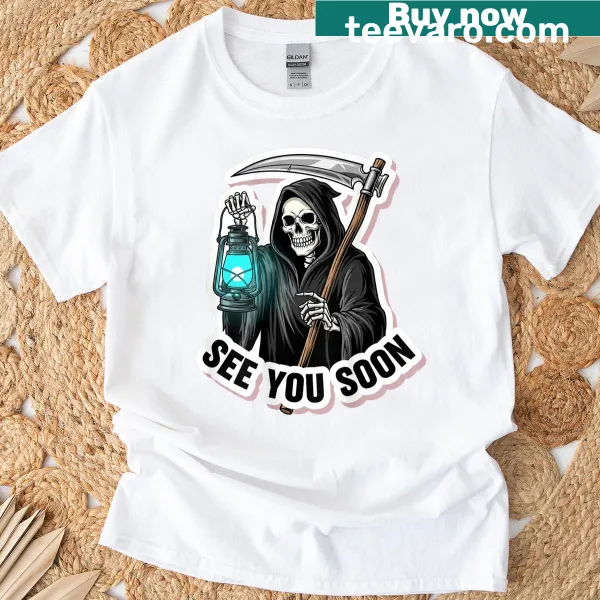 Biker t-shirt featuring a Grim Reaper with a lantern, back artwork