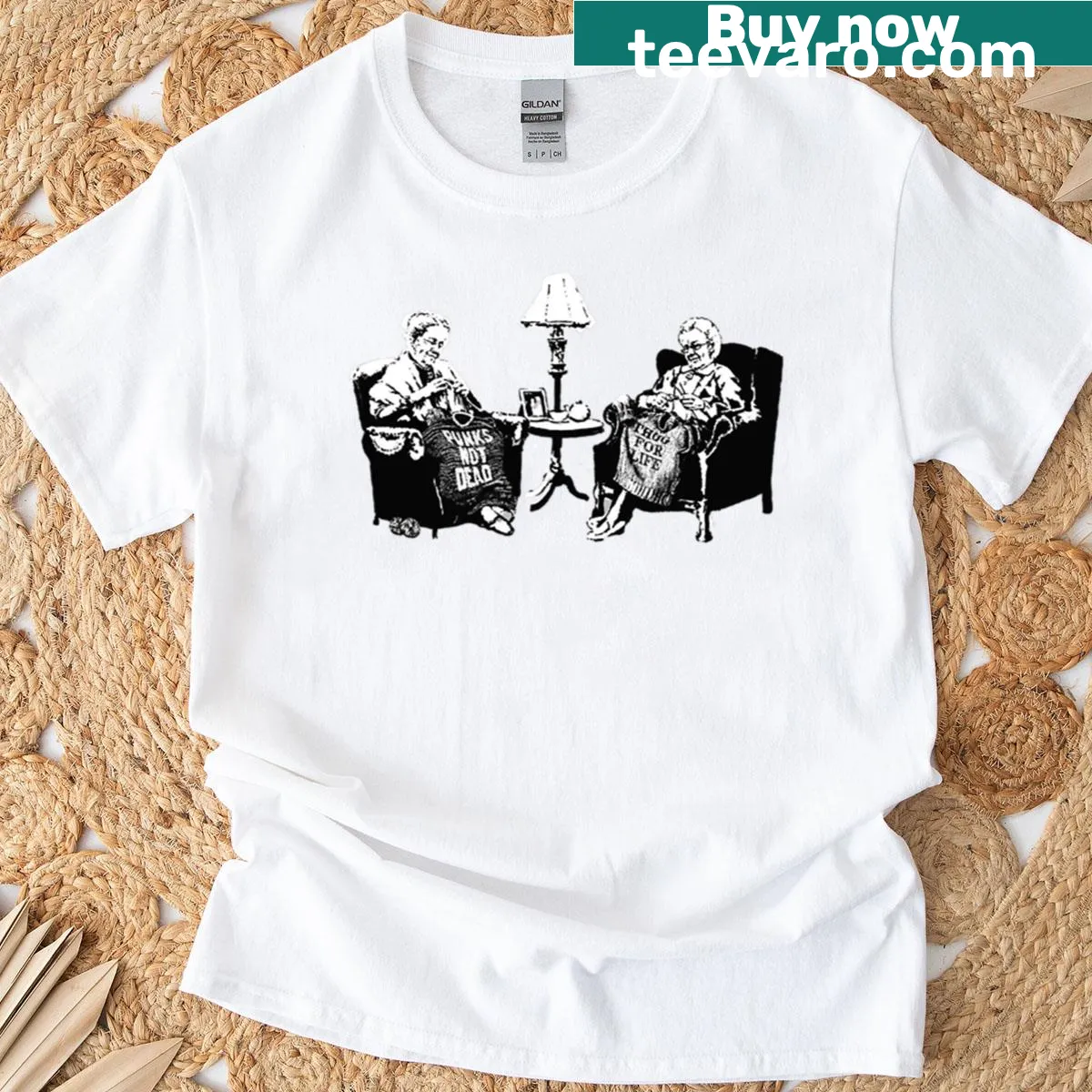 Illustration of grannies with punk rock elements and slogan — on a men's t-shirt