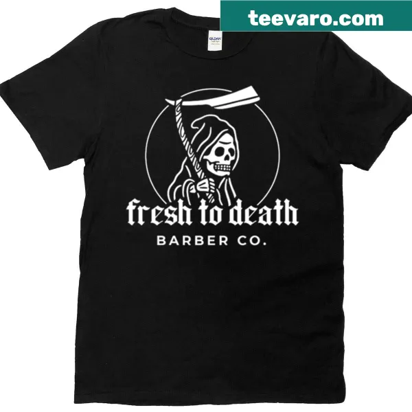 Barber-themed T-shirt with skull logo