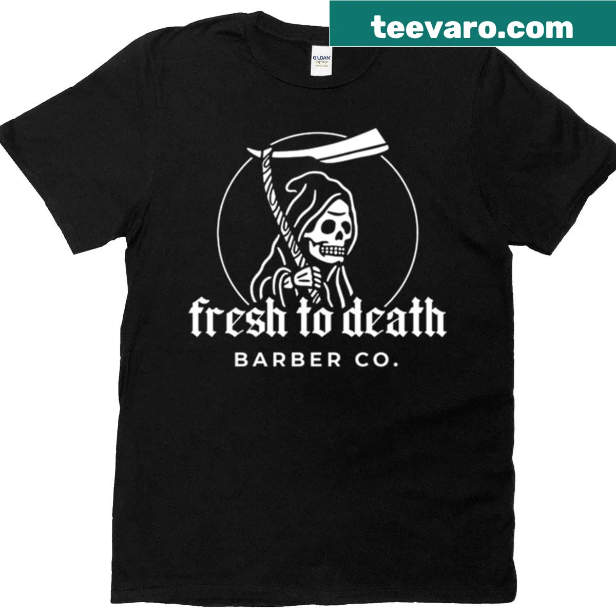 Barber-themed T-shirt with skull logo — on a men's t-shirt
