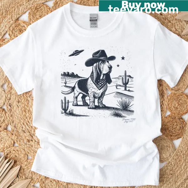 Whimsical basset hound cowboy graphic on a vintage t-shirt.
