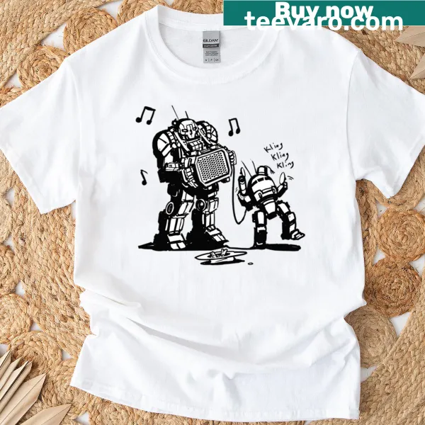 Cartoon Urbanmech dancing on Battletech t-shirt