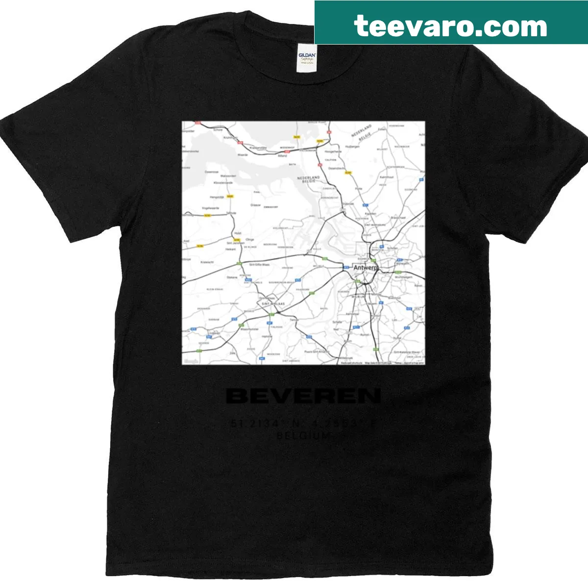 Minimalist Beveren Belgium street map t-shirt — on a men's t-shirt