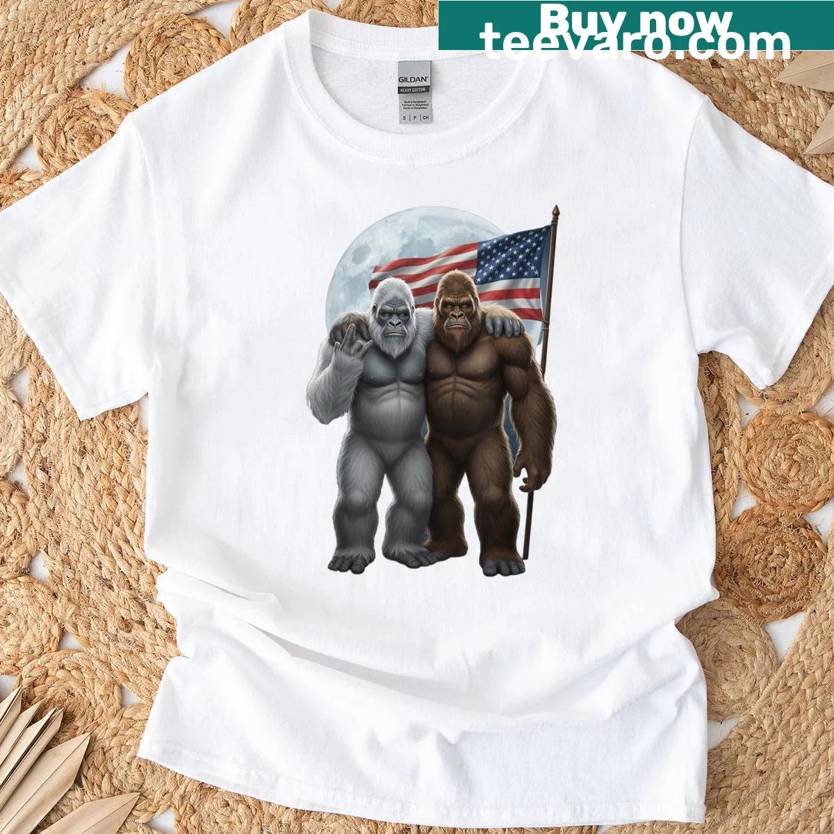 Illustration of Bigfoot and Yeti with American flag on t-shirt — on a men's t-shirt