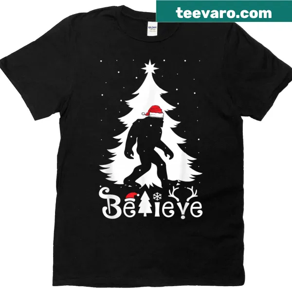 Funny Bigfoot cartoon t-shirt with a festive hat for Christmas