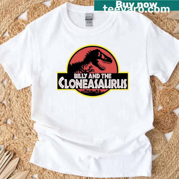 Cartoon design featuring Billy and the Cloneasaurus on T-shirt
