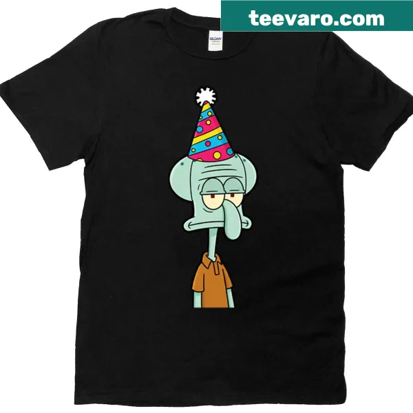 T-shirt featuring Squidward in a birthday party scene