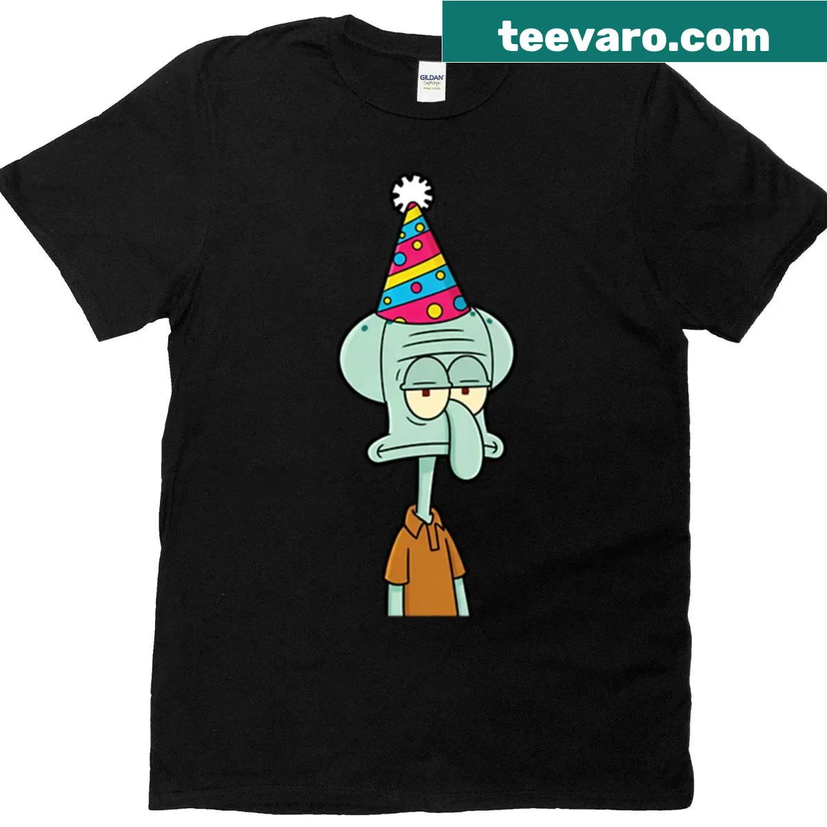 T-shirt featuring Squidward in a birthday party scene — on a men's t-shirt
