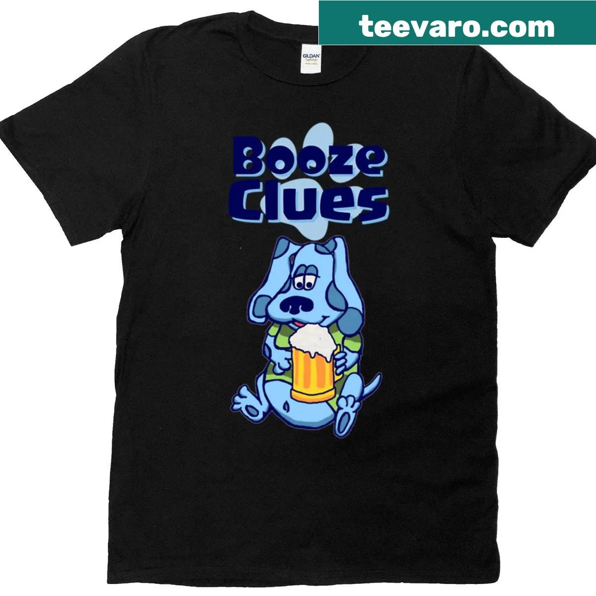 Humorous t-shirt featuring a design about 'Booze Clues' — on a men's t-shirt