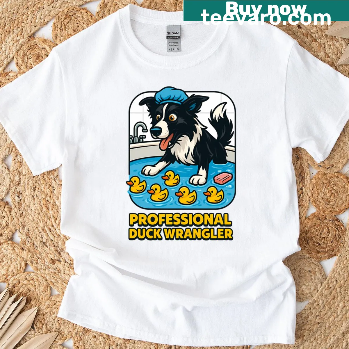 Illustrated t-shirt featuring a border collie herding rubber ducks — on a men's t-shirt