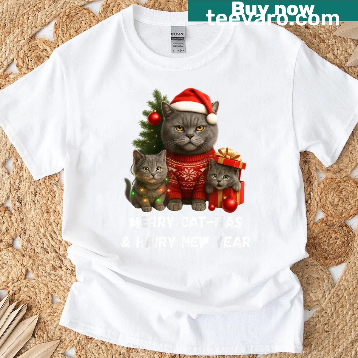 Adorable British Shorthair cat illustration on a Christmas t-shirt — on a men's t-shirt