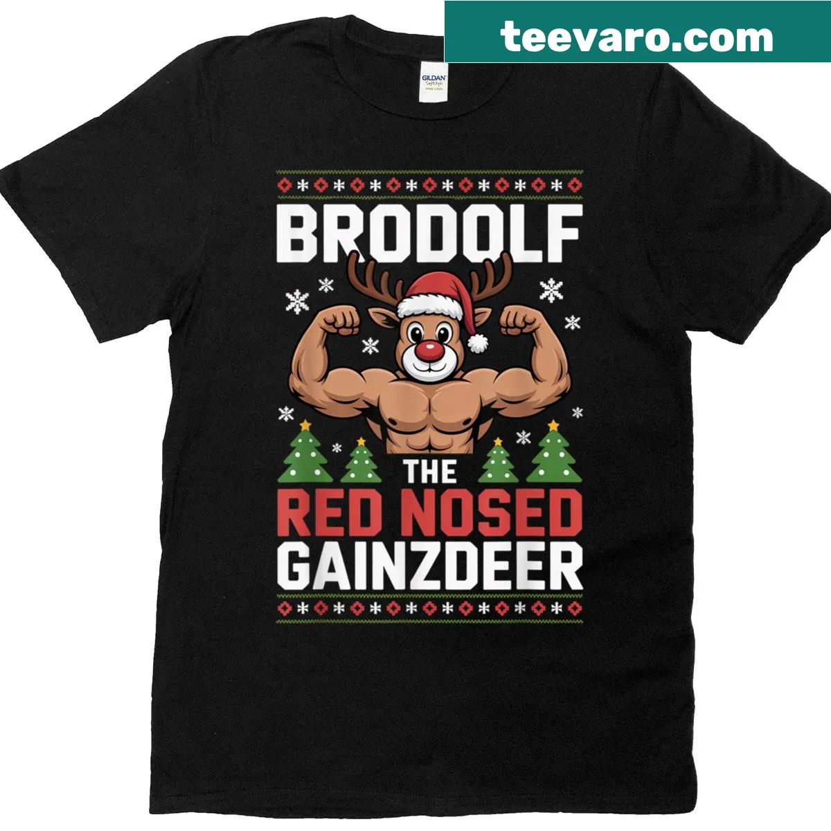 Funny Christmas gym T-shirt featuring Brodolf the gainzdeer — on a men's t-shirt