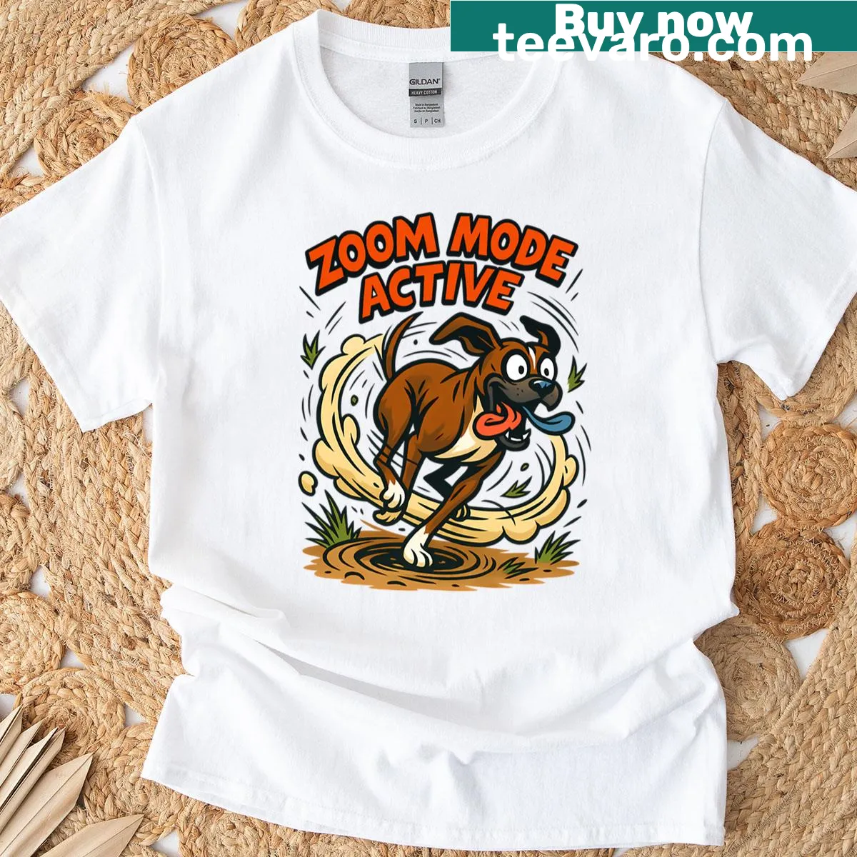 Comic-style t-shirt featuring a brown boxer dog in action — on a men's t-shirt