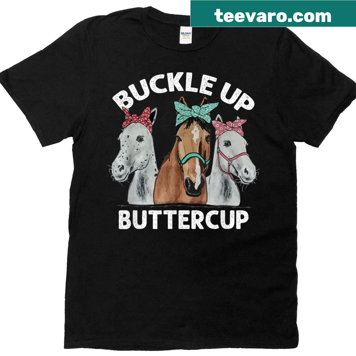Buckle Up Buttercup T-shirt featuring a playful horse graphic and humorous text — on a men's t-shirt