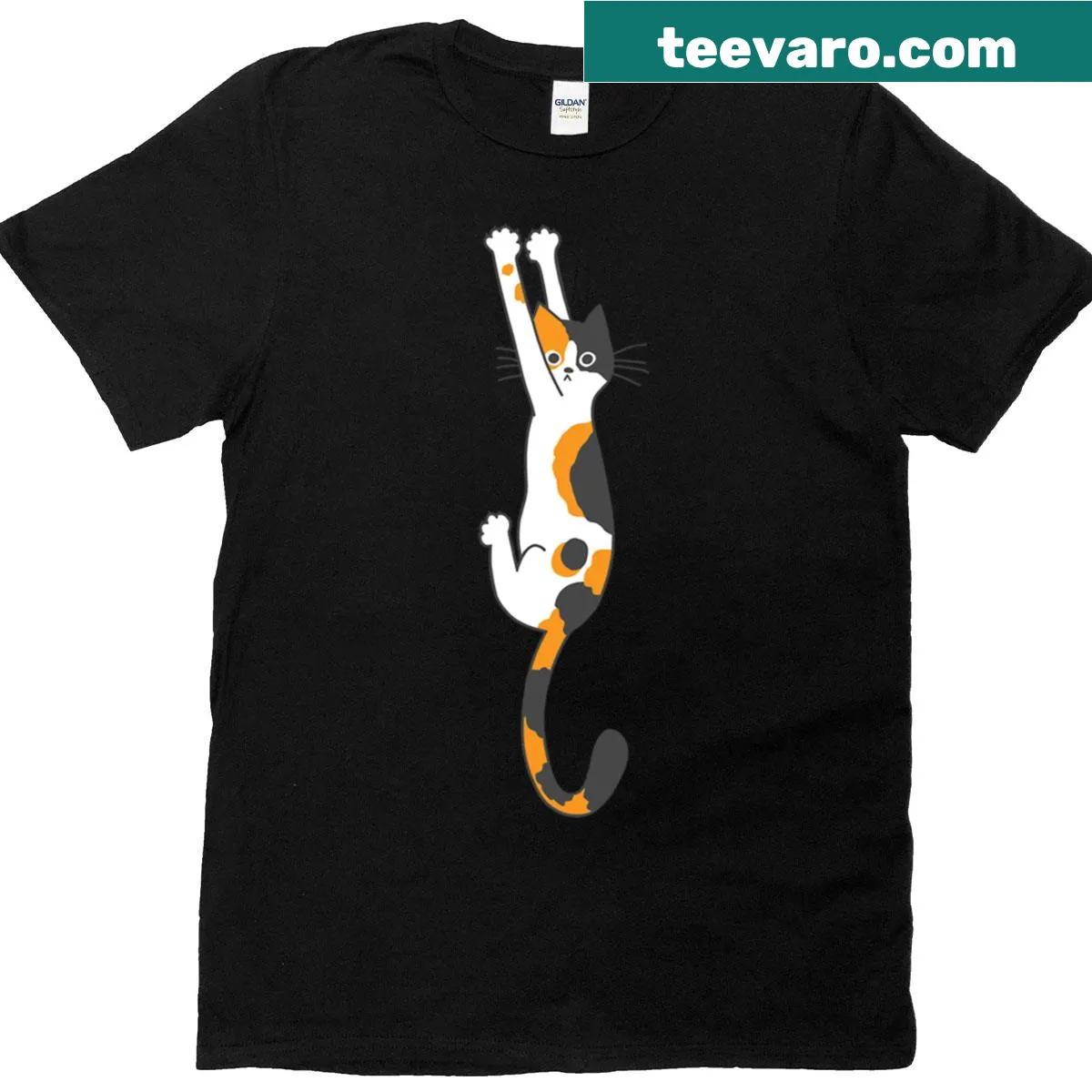 Illustration of a calico cat hanging on — on a men's t-shirt