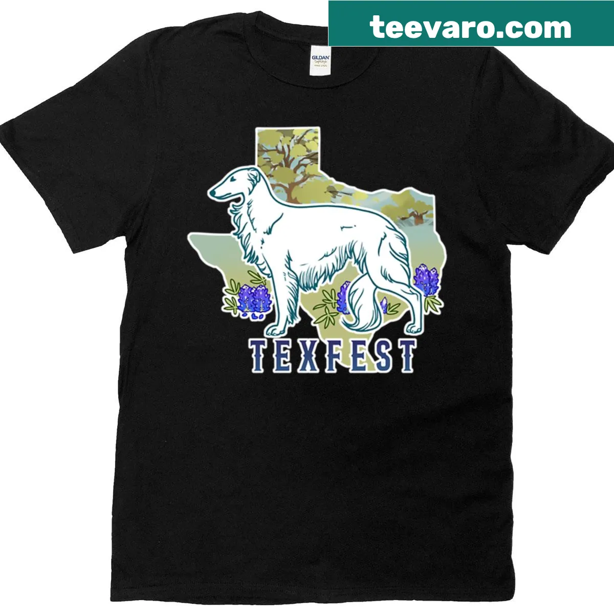 Camo-patterned Texfest t-shirt for outdoor festival lovers — on a men's t-shirt