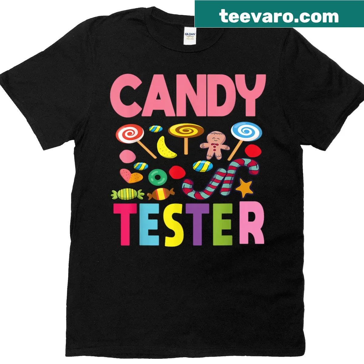 Funny T-shirt with 'Candy Tester' and candy graphics. — on a men's t-shirt