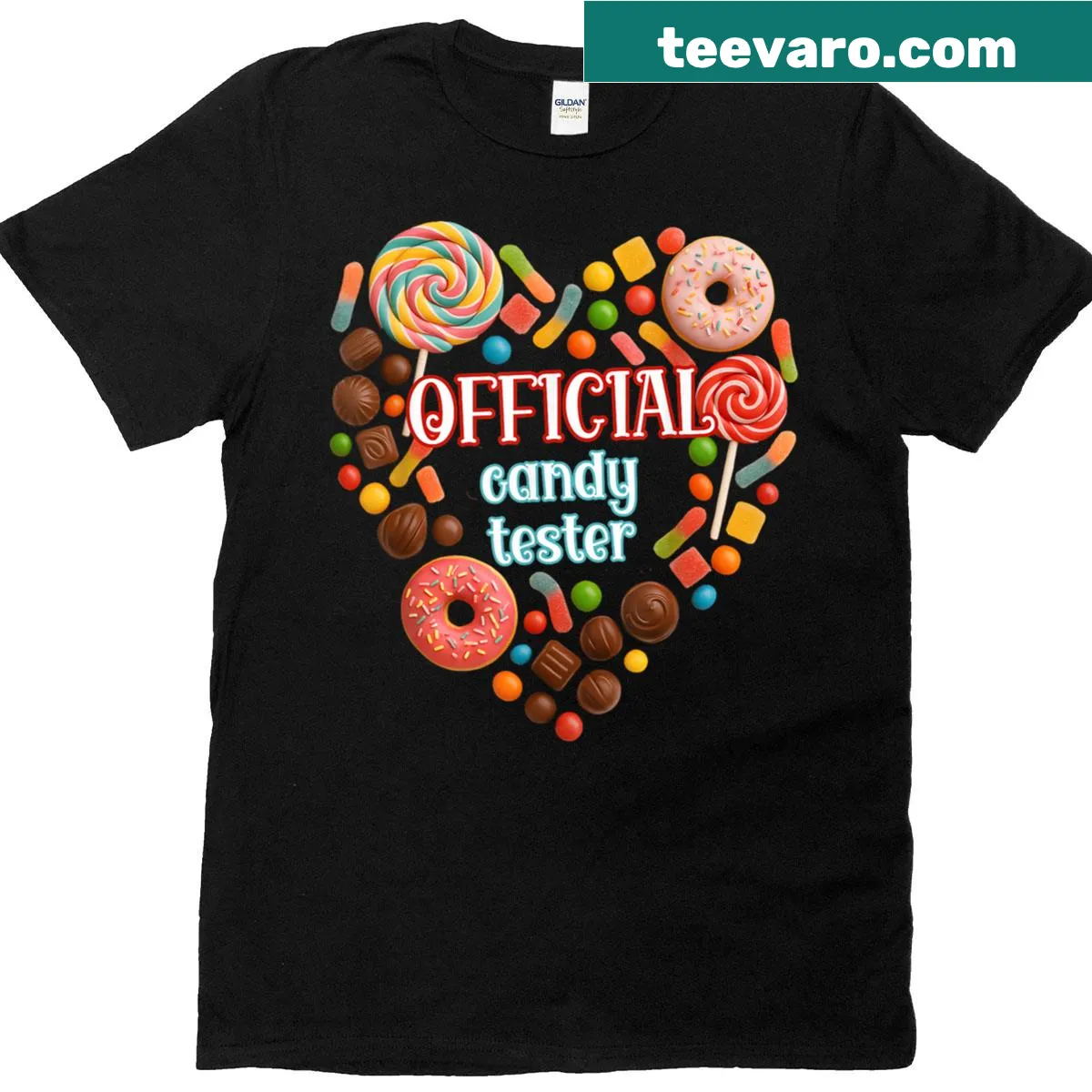 Illustrated T-shirt with 'Candy Tester' and playful candy designs. — on a men's t-shirt