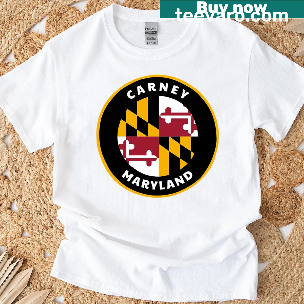 T-shirt featuring Maryland state flag in a badge design for pride and connection. — on a men's t-shirt