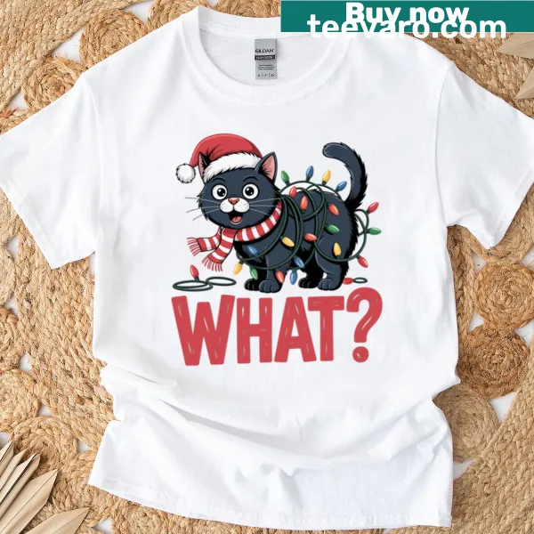 Funny vintage-style T-shirt featuring a cartoon black cat for the holidays.