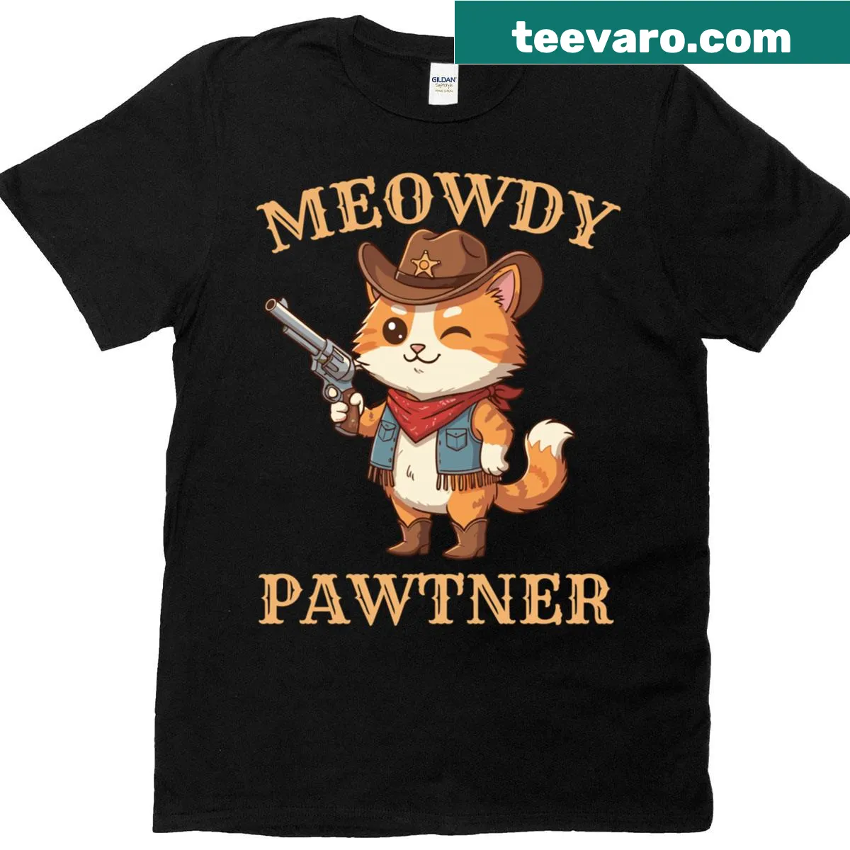Vintage Wild West t-shirt with a cowboy cat design — on a men's t-shirt