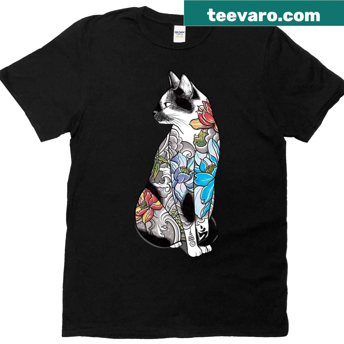 Illustrative t-shirt featuring a cat in a lotus flower tattoo design — on a men's t-shirt
