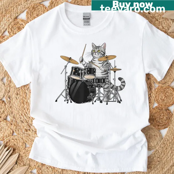 Playful cat drumming design on T-shirt
