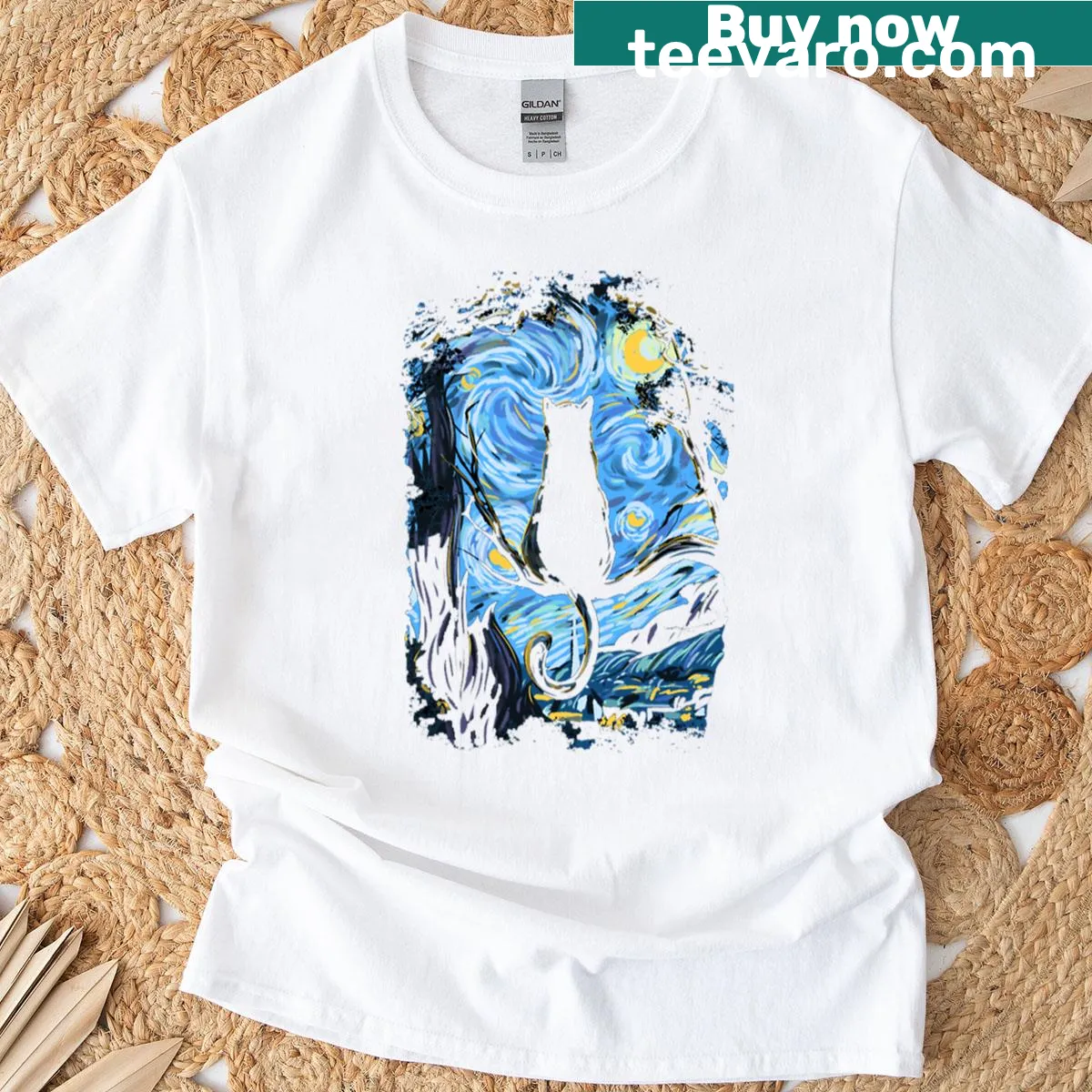 Illustration of a cat under a starry night sky — on a men's t-shirt