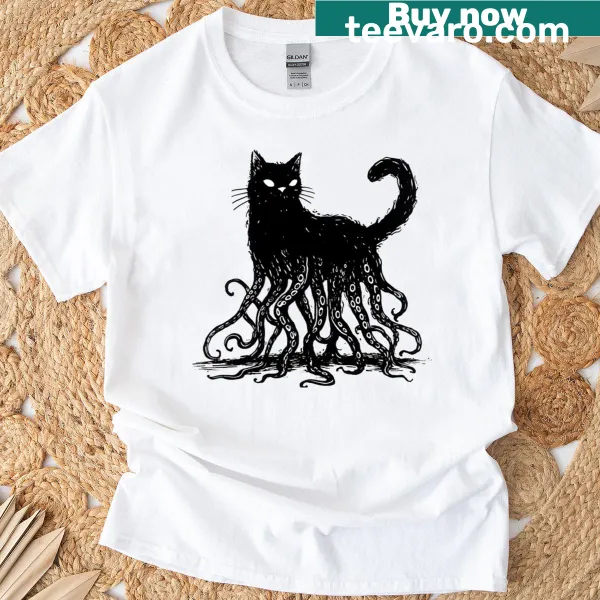Cartoon T-shirt featuring Cathulhu, a cute cat inspired by a legendary creature.