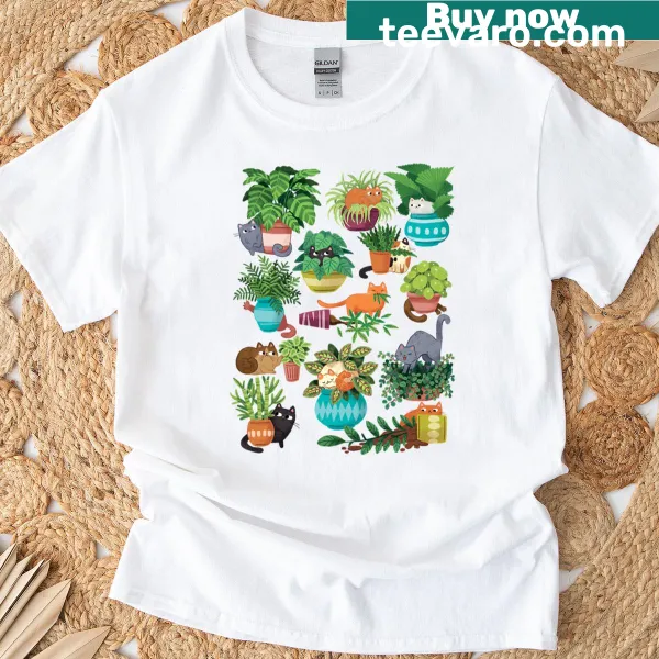 Illustration of cats among plants on a charming t-shirt for cat lovers