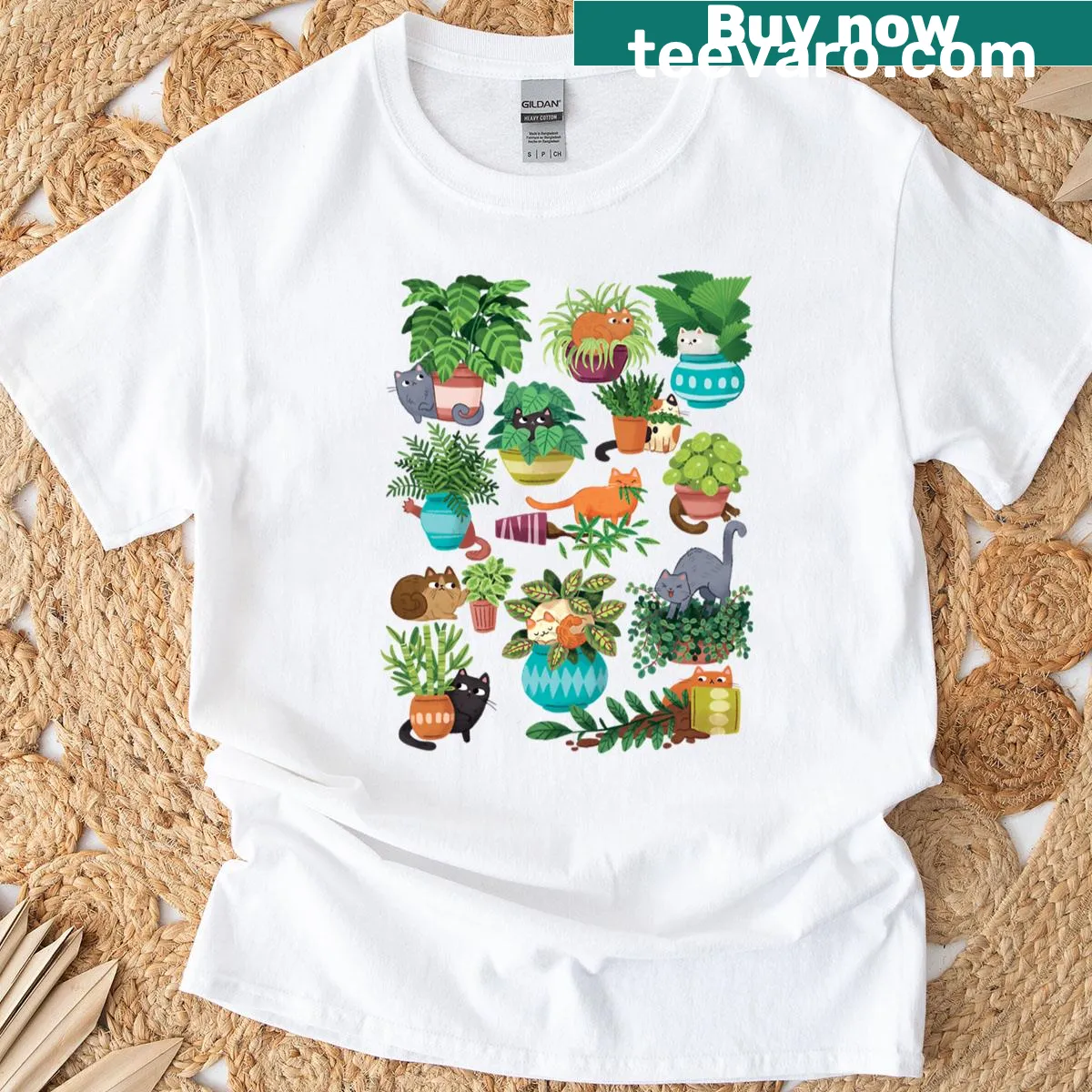 Illustration of cats among plants on a charming t-shirt for cat lovers — on a men's t-shirt