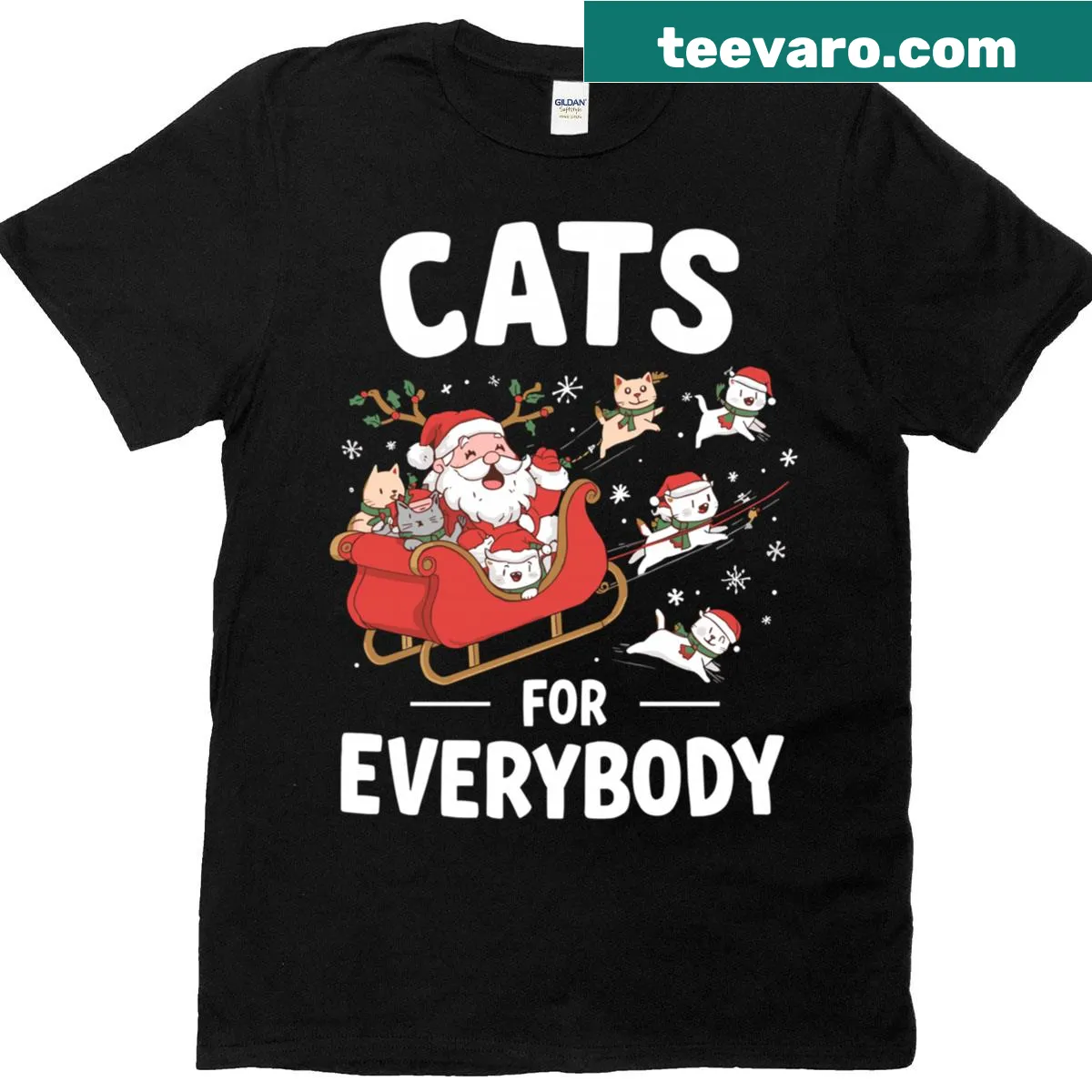 Cute Christmas t-shirt featuring Santa with cats — on a men's t-shirt