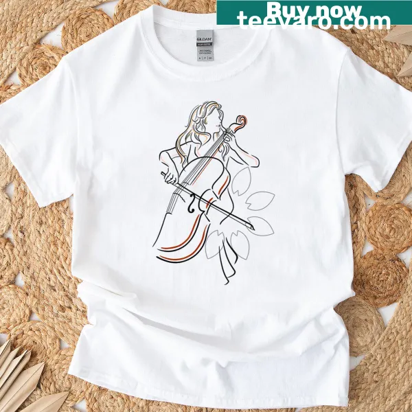 Cartoon graphic of a cellist on a cute T-shirt