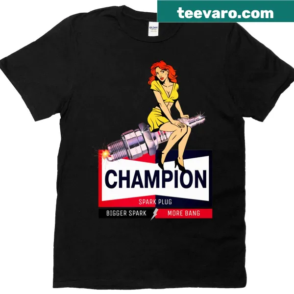 T-shirt featuring the Champion spark plug logo for mechanics