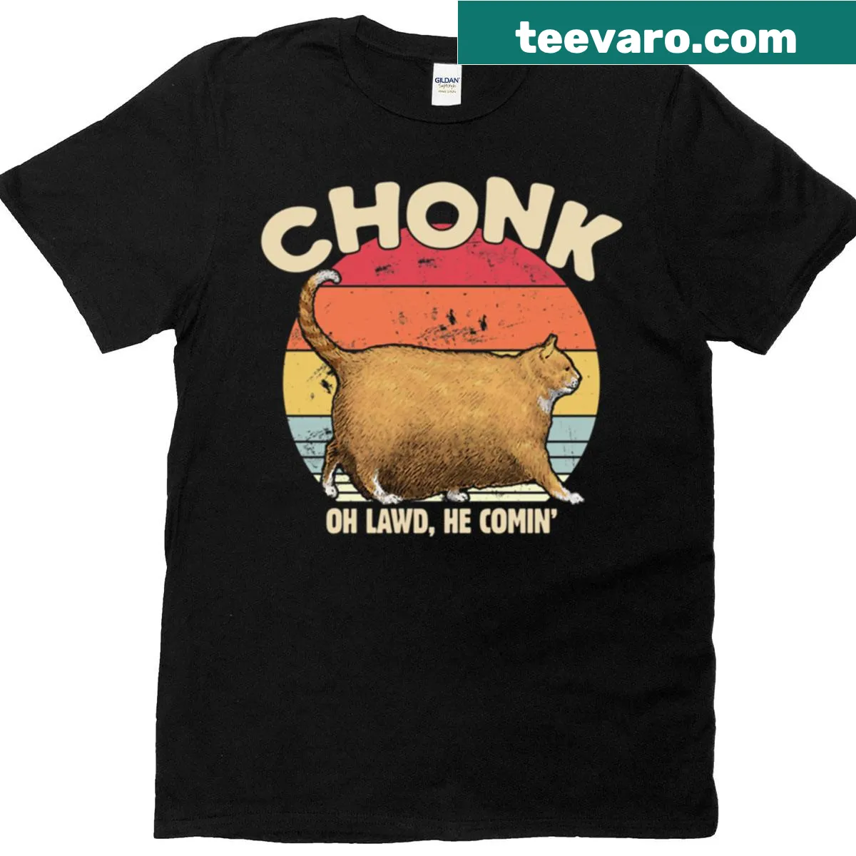 Funny Chonk Cat t-shirt featuring cartoon cat and playful text — on a men's t-shirt