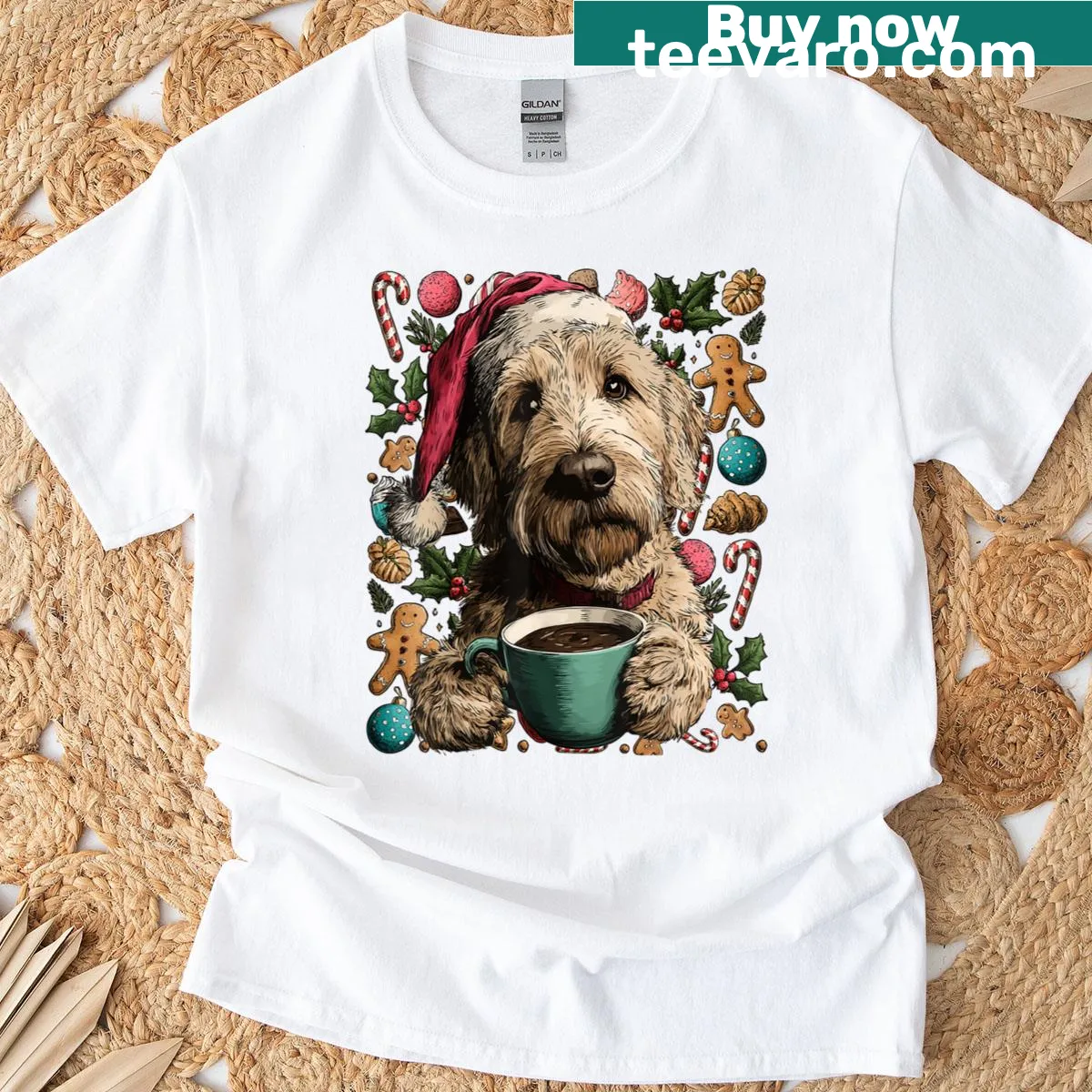 Goldendoodle in Santa hat with cocoa and cookies on T-shirt — on a men's t-shirt