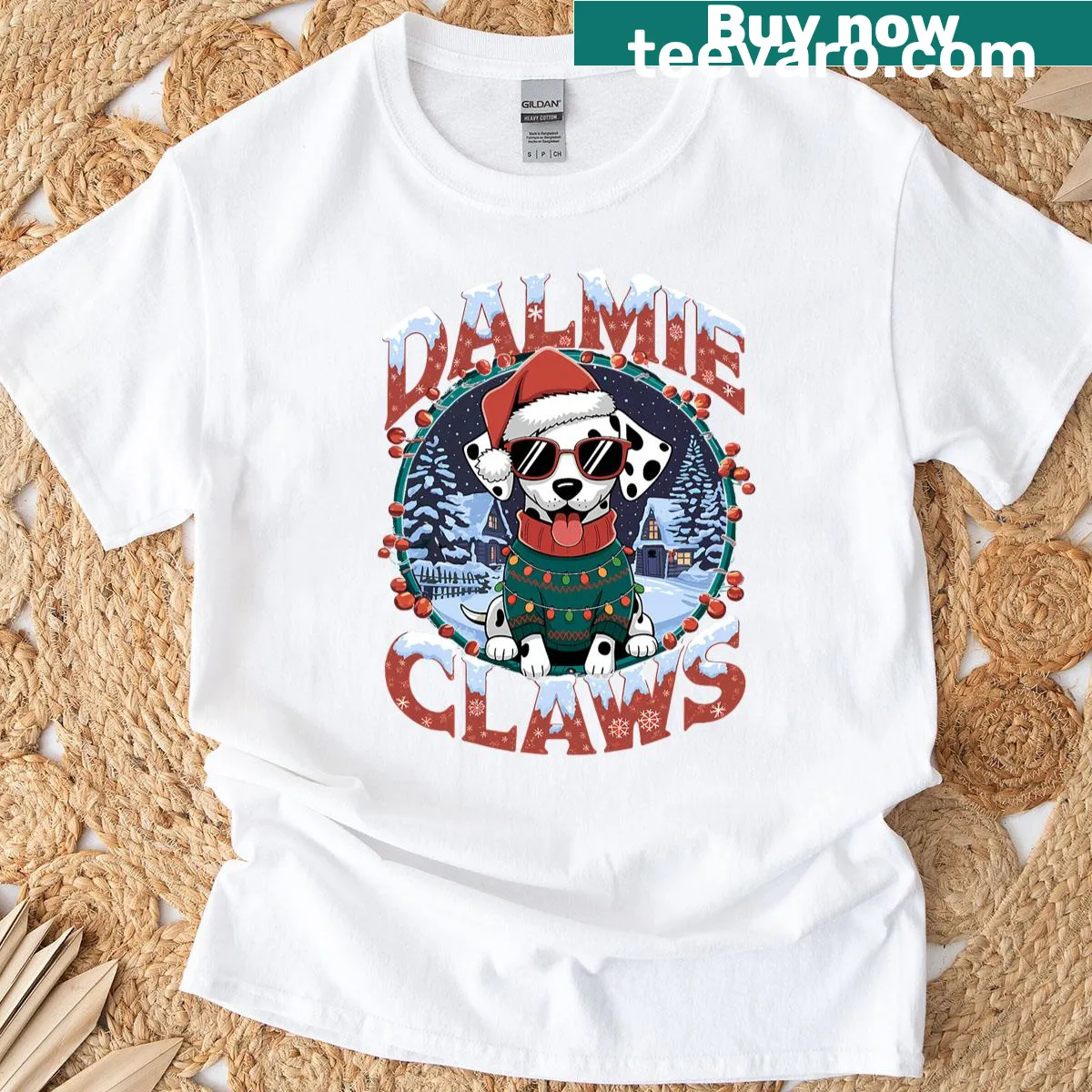 Dalmatian in a Santa hat on a Christmas t-shirt — on a men's t-shirt