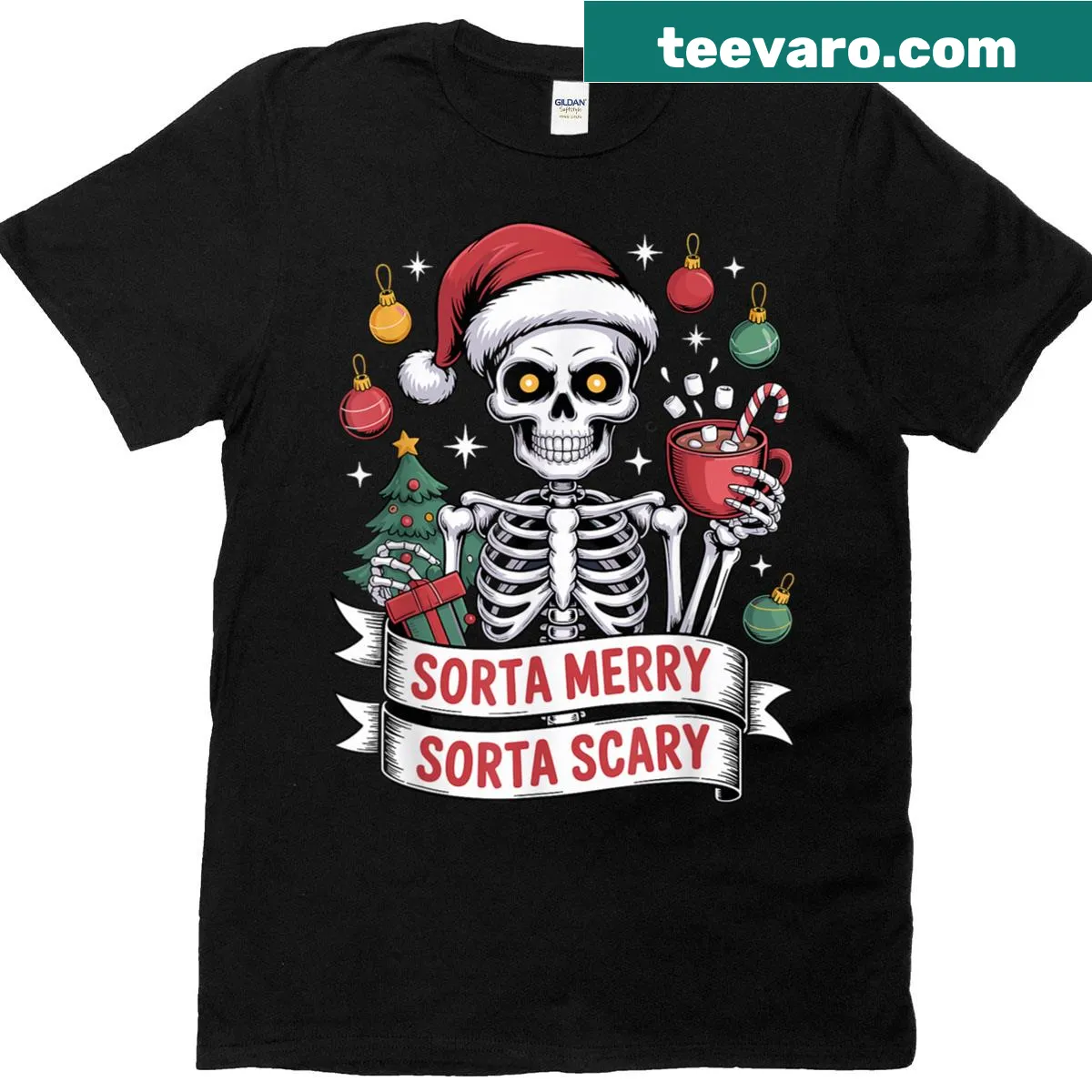 Skeleton Santa holding hot cocoa on a Christmas t-shirt — on a men's t-shirt