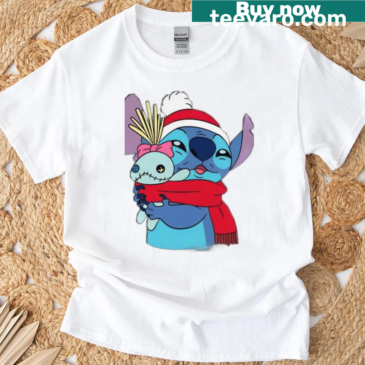 Christmas-themed T-shirt with charming stitch design — on a men's t-shirt