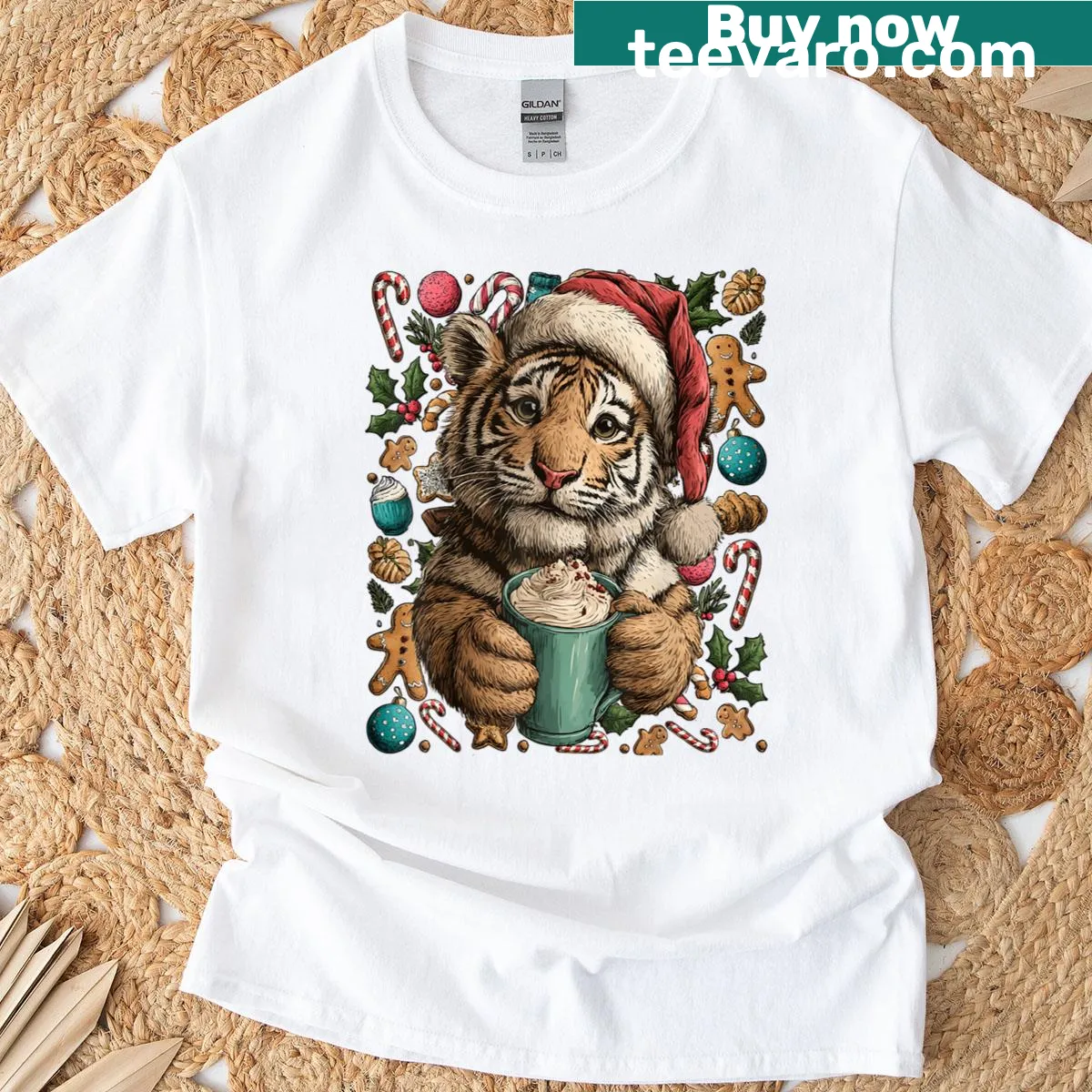 Funny Christmas tiger wearing a Santa hat with cocoa and cookies illustration. — on a men's t-shirt