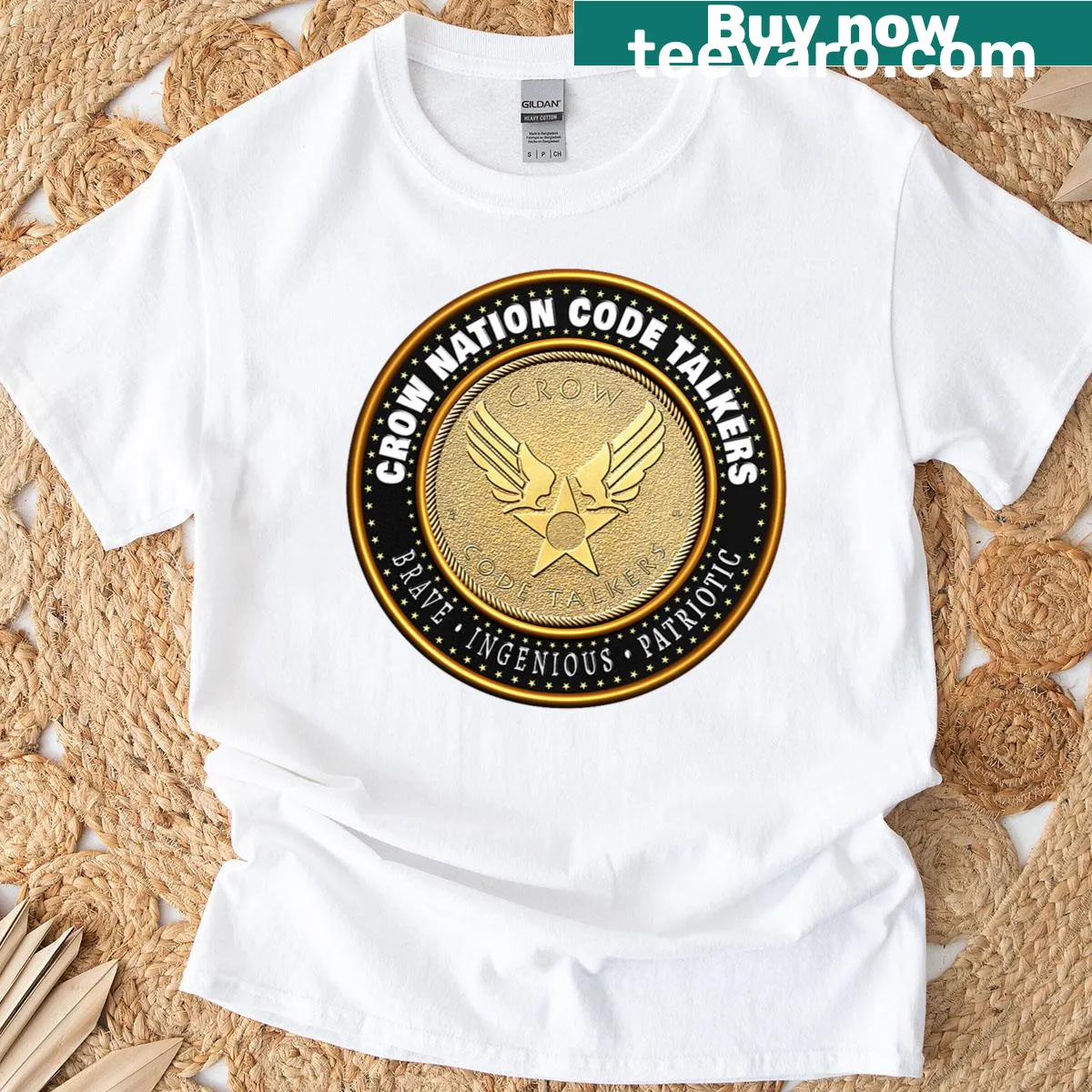 Tribute T-shirt honoring Crow Nation Code Talkers — on a men's t-shirt