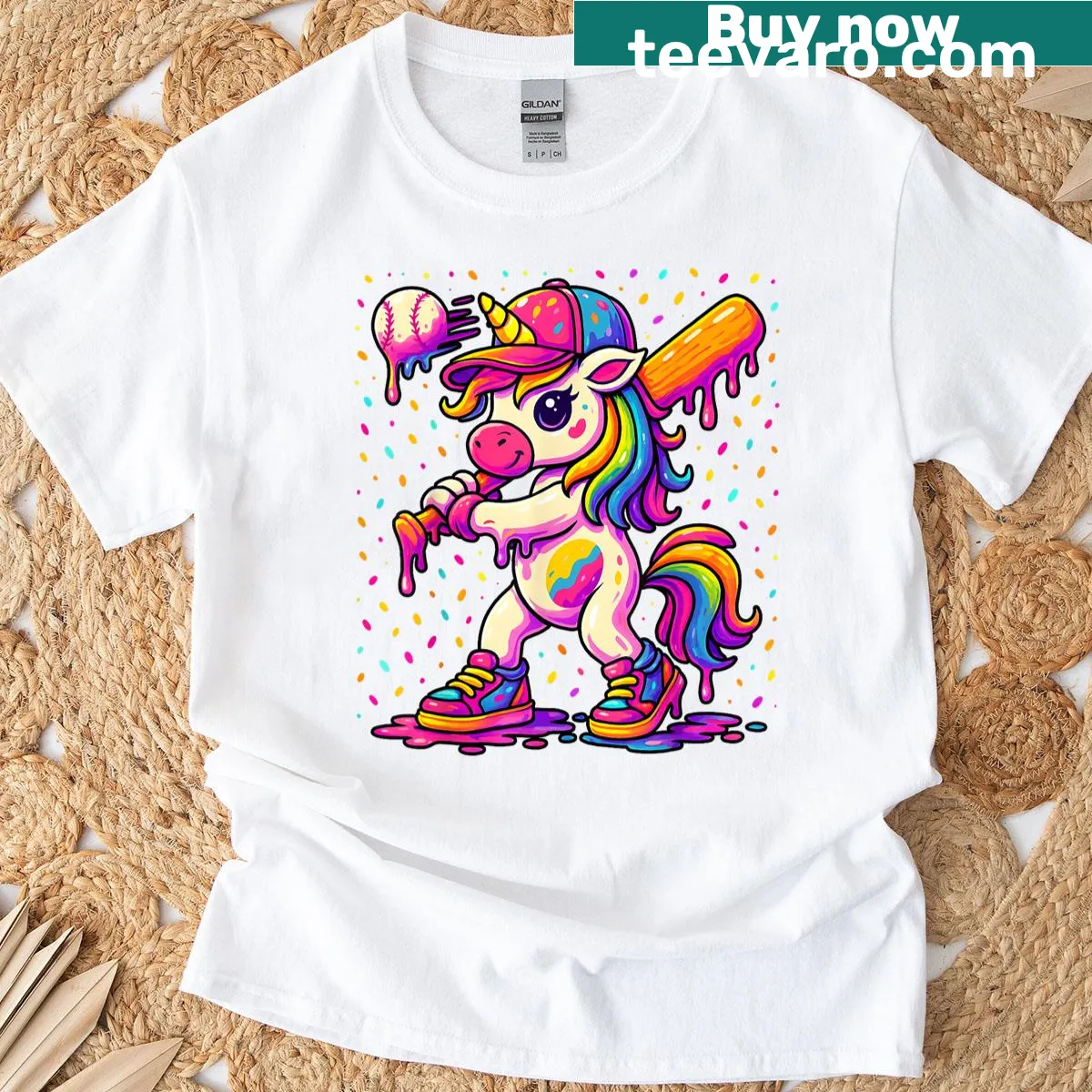 Cartoon of melting unicorn with baseball graphic — on a men's t-shirt