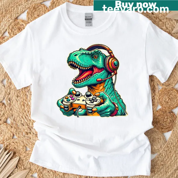 Cartoon T-rex in gaming theme for gamers