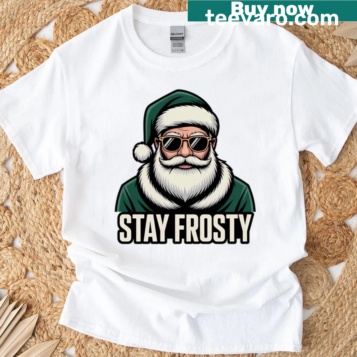 Cartoon Santa with 'Stay Frosty' text on T-shirt — on a men's t-shirt