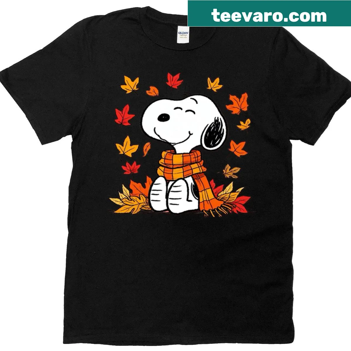 Snoopy surrounded by autumn leaves in a peaceful design — on a men's t-shirt