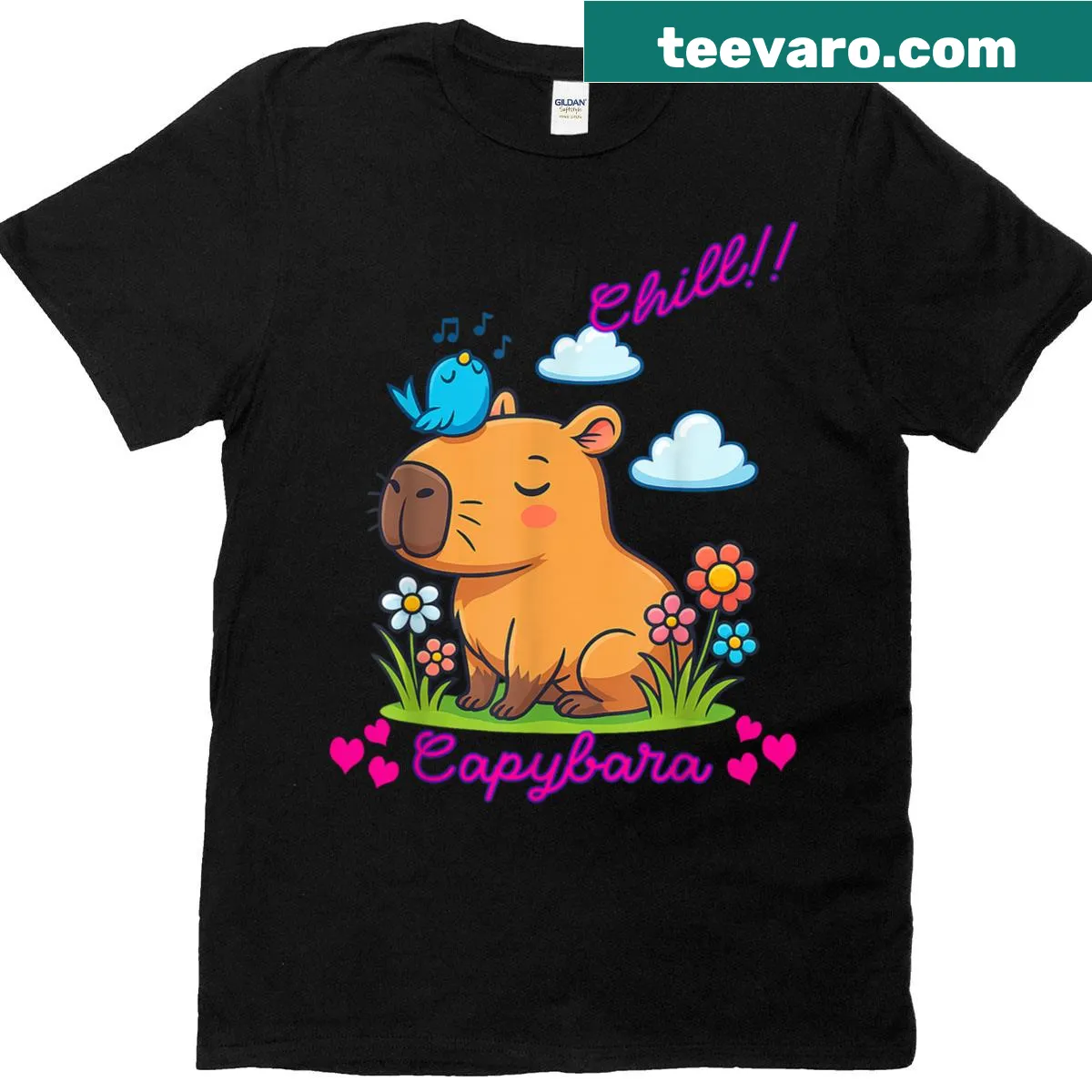Kawaii capybara cartoon T-shirt with oversized eyes and a cheerful expression — on a men's t-shirt