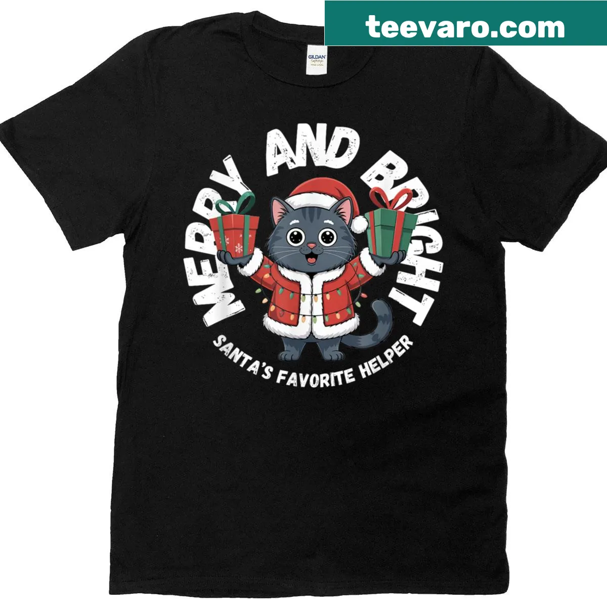 Adorable Christmas cat as Santa's helper in a cheerful design — on a men's t-shirt